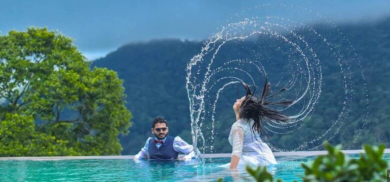 Explore Magical Honeymoon Photography Sessions in Munnar with Shola Crown in a pool